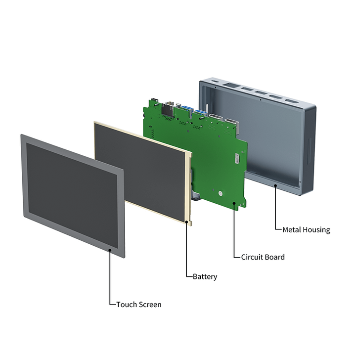 Exploded view of a touchscreen, circuit board and rear enclosure assembly