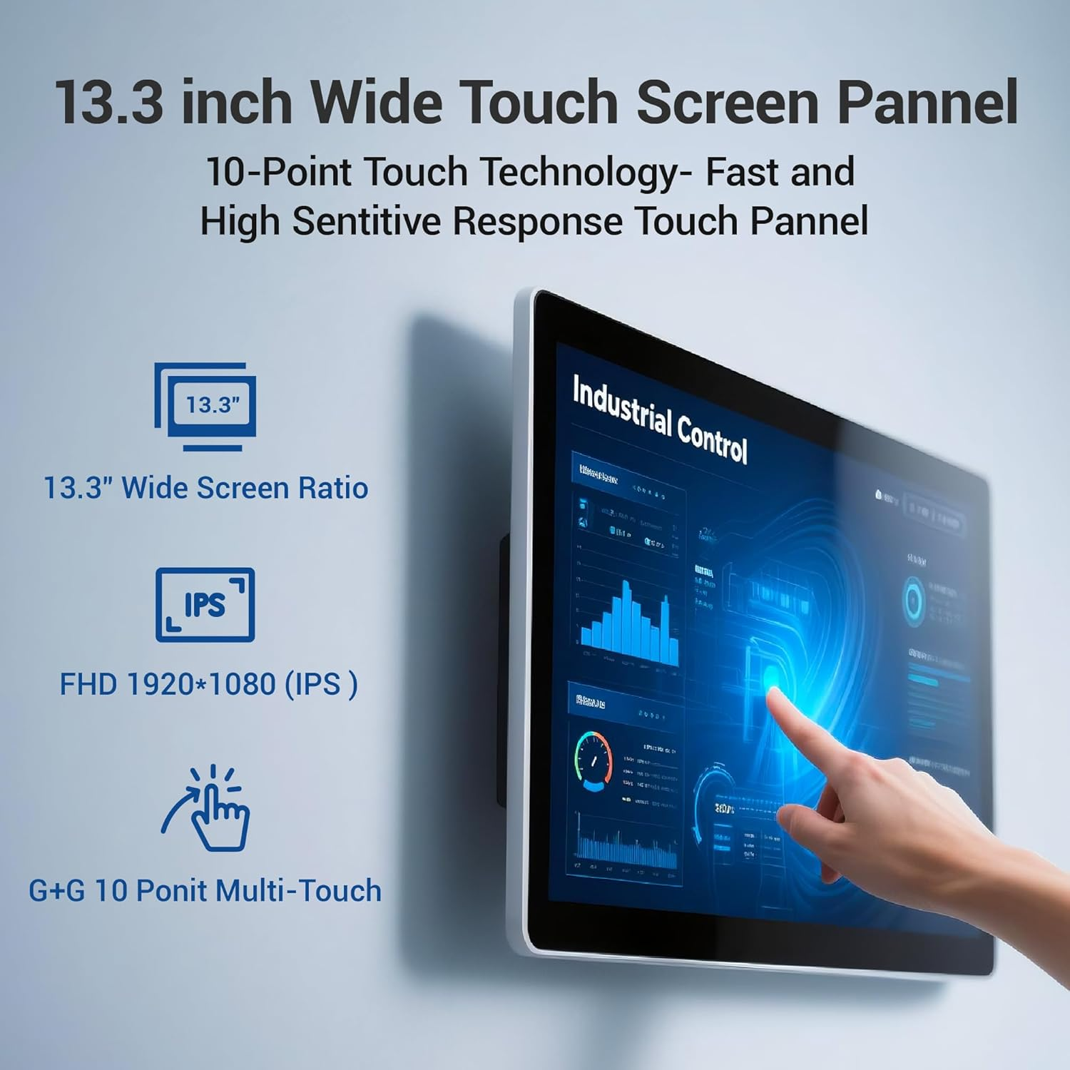 HIGOLEPC  Fanless Industrial PC Panel 13.3 Inch, Embedded Touchscreen All in One Computer Win11 Pro, Celeron N5095, 8GB Ram 128GB Rom, 1920*1080 IPS, USB3.0*4, RS232*2, LAN, HDMI, Type-C