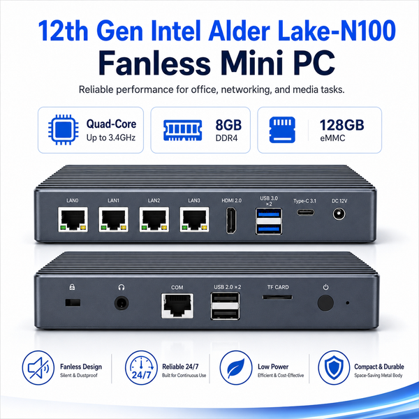HIGOLEPC FIntel N100 Mini PC | Pro Firewall Router Appliance | Fanless, 4X 2.5G Ethernet Ports, 8GB RAM 128GB eMMC, Win 11 Pro, 4K HDMI/USB-C