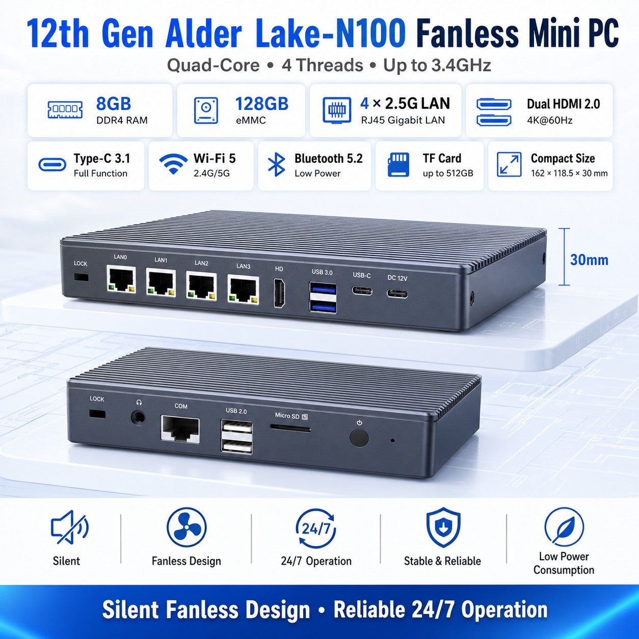 HIGOLEPC FIntel N100 Mini PC | Pro Firewall Router Appliance | Fanless, 4X 2.5G Ethernet Ports, 8GB RAM 128GB eMMC, Win 11 Pro, 4K HDMI/USB-C