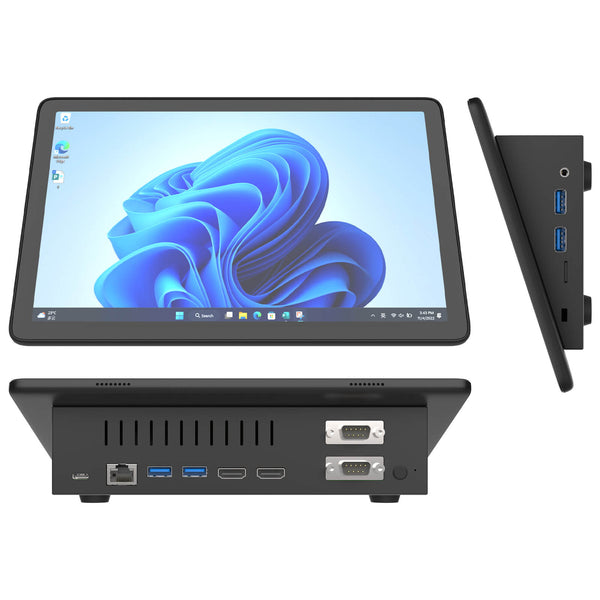 HIGOLEPC F10 touchscreen mini PC shown from the front, side and rear