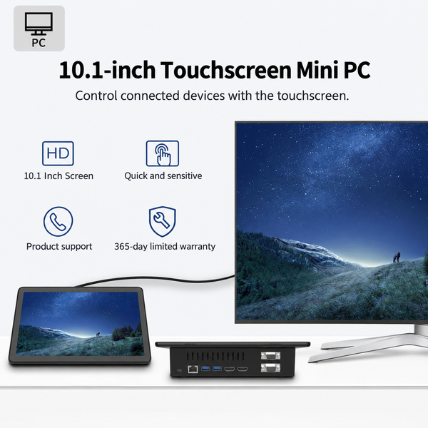 F10 10.1-inch touchscreen mini PC, product support and 365-day limited warranty